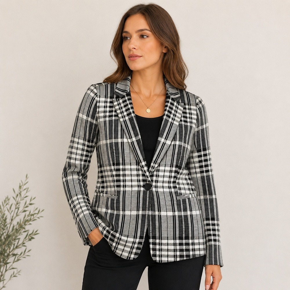 Philosophy Republic Clothing Plaid Knit Blazer Women M Black Ivory NWT